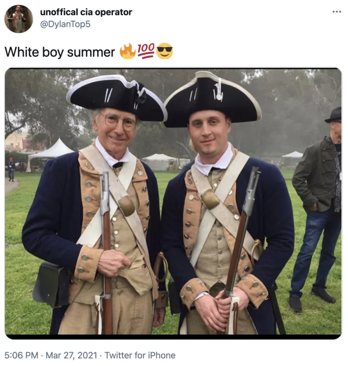 Tweet with caption 'White boy summer' showing two men in Revolutionary War reenactor uniforms