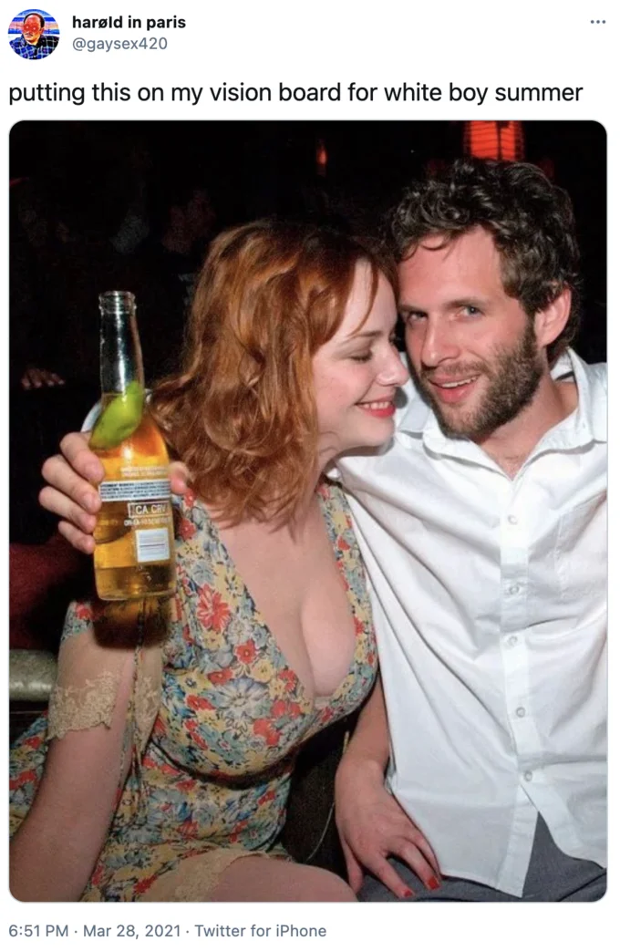 Tweet captioned 'putting this on my vision board for white boy summer' showing Glenn Howerton with a woman holding a beer