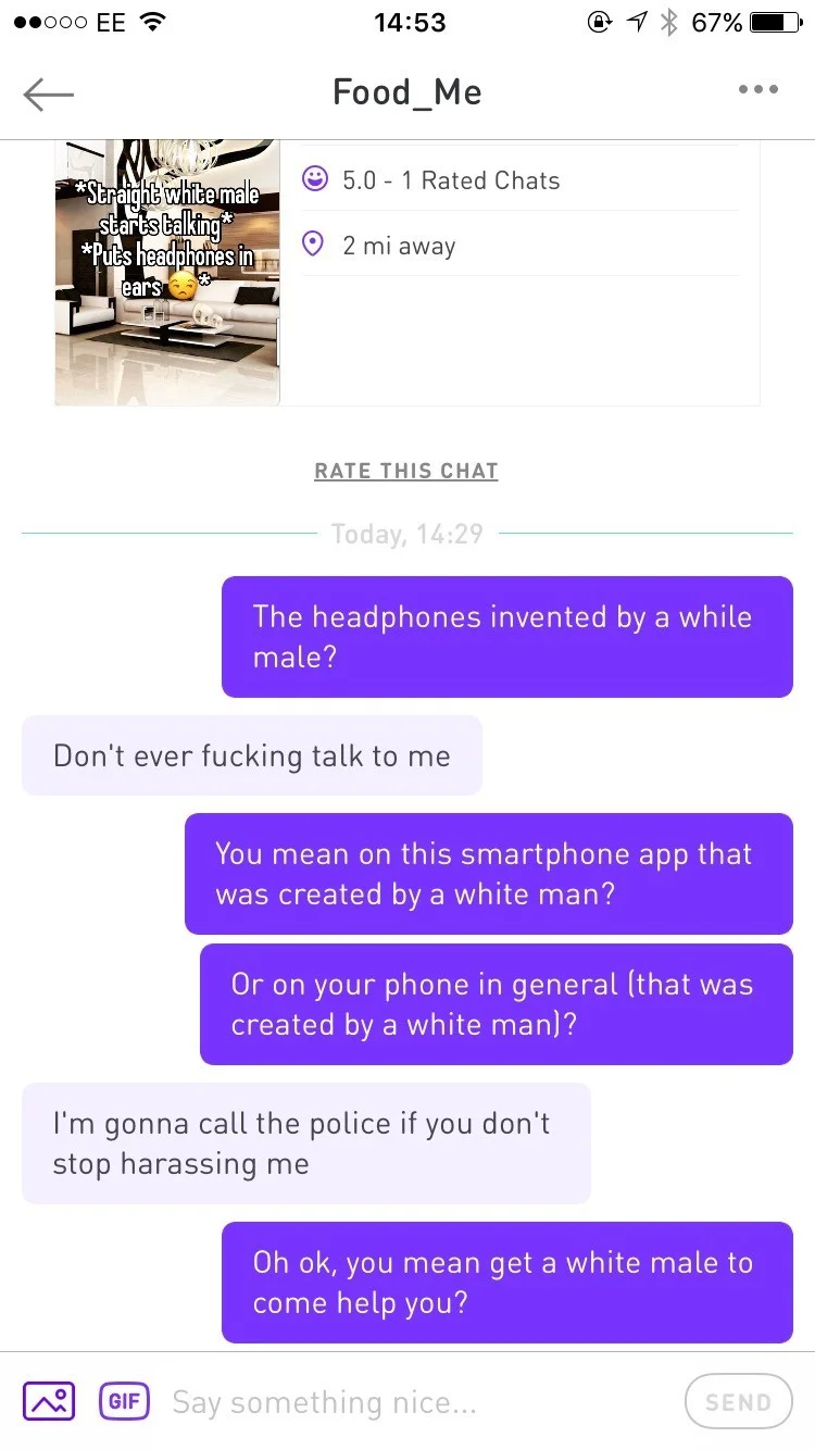 White Cis Male — Screenshot of a chat where a user mocks the 'straight white male' meme by citing white male inventors