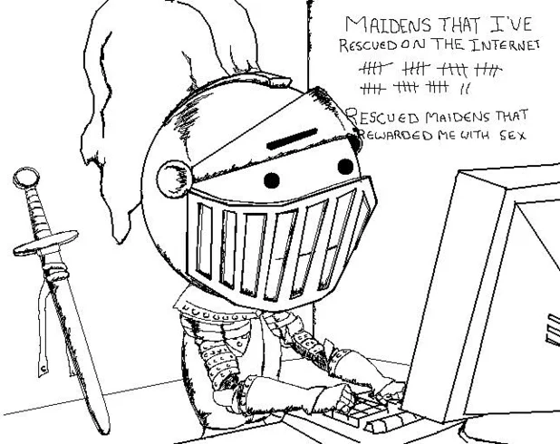 White Knight — Black and white sketch of a knight at a computer tallying rescued internet maidens