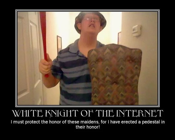 Man wielding red bat and chair as shield labeled White Knight of the Internet