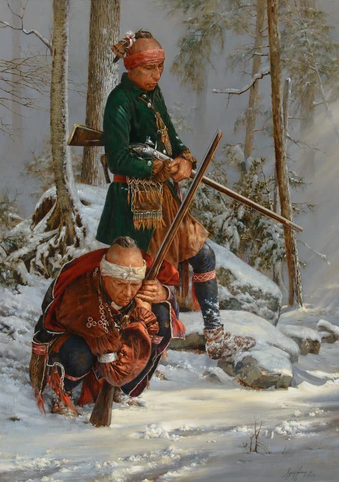 White Man Has Been Here — Oil painting of two Native American warriors tracking in a snowy winter forest