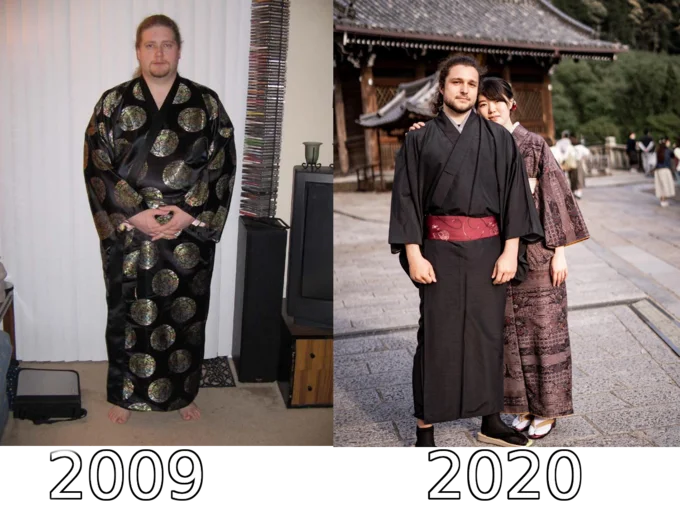 Side-by-side 2009 and 2020 comparison showing Ken-sama's transformation from the original kimono photo to a wedding-style shot in Japan.