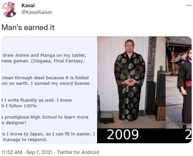 Tweet by Kasai saying 'Man's earned it' with excerpts from Ken-sama's blog and the original kimono photo.