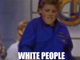 White People Dancing Lol White People — Video still of a white woman in bright blue outfit doing an awkward dance move with 'WHITE PEOPLE' text overlay.