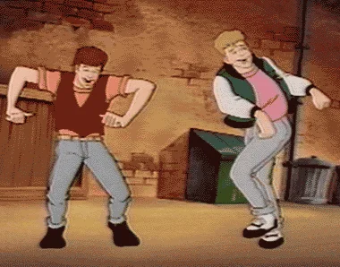 White People Dancing Lol White People — Animated GIF showing two white male cartoon characters dancing awkwardly in front of a brick wall backdrop.
