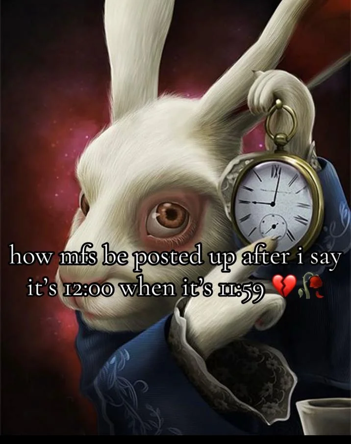 White Rabbit Pointing At A Clock — Standard White Rabbit artwork overlaid with caption about time accuracy when it's 11:59 versus 12:00.