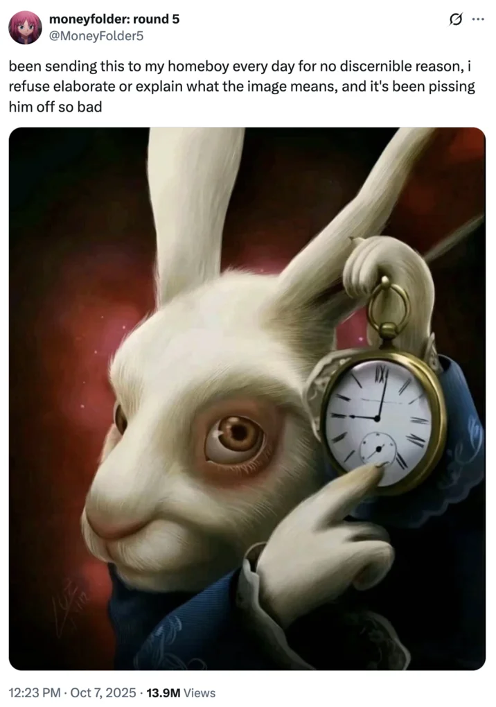 White Rabbit Pointing At A Clock — Twitter screenshot from @MoneyFolder5 describing sending White Rabbit image to friend daily with 13.9M views.