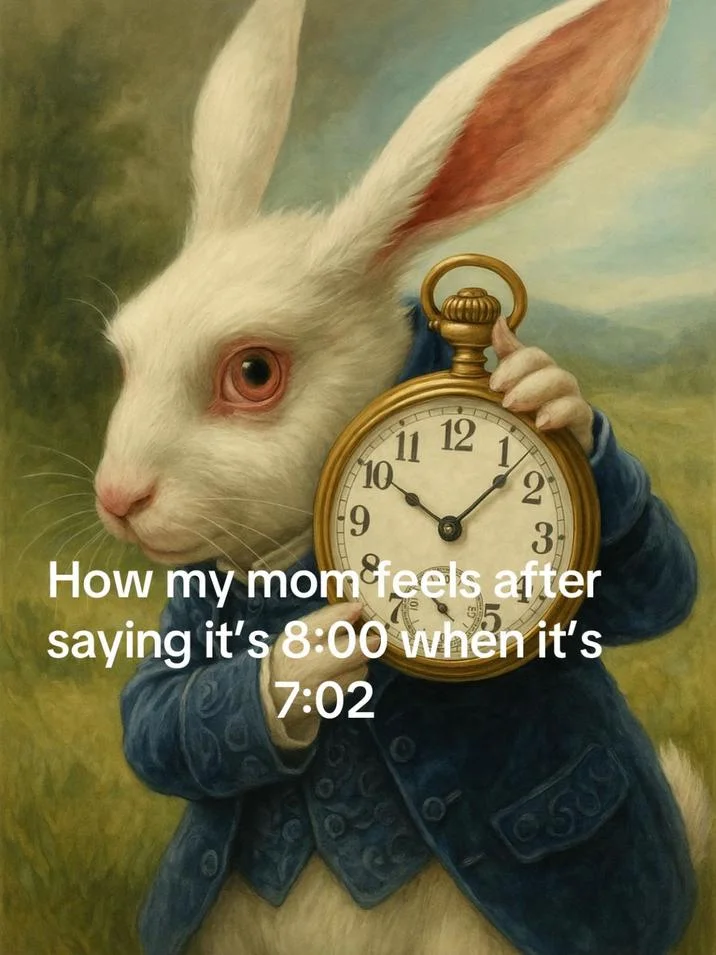 White Rabbit Pointing At A Clock — Different White Rabbit illustration in outdoor setting with green background captioned about mother's time perception.