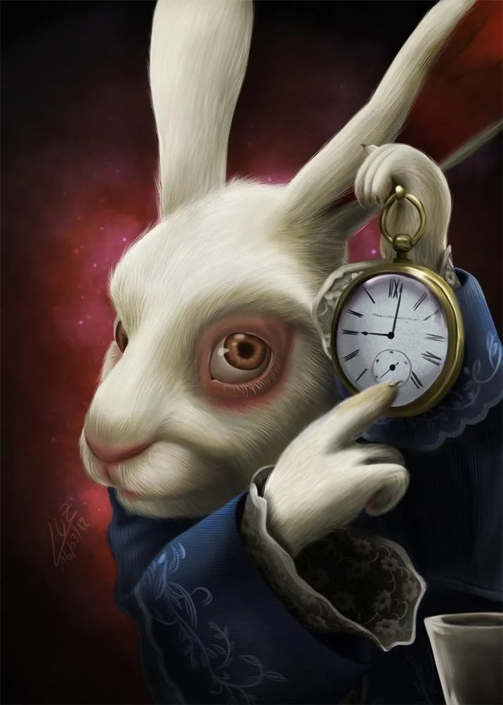 White Rabbit Pointing At A Clock — Detailed digital painting of the White Rabbit from Alice in Wonderland wearing a blue waistcoat and pointing at a gold