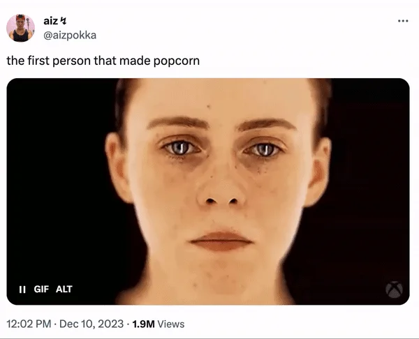 White Woman Scream GIF — Tweet by aiz using the OD white woman GIF to joke about the first person to make popcorn.