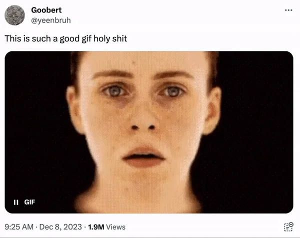 White Woman Scream GIF — Tweet by Goobert praising the OD scream GIF with the woman's face shown.