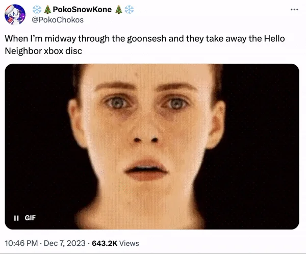White Woman Scream GIF — Tweet by PokoSnowKone with the OD white woman GIF and a joke caption about losing a Hello Neighbor Xbox disc.