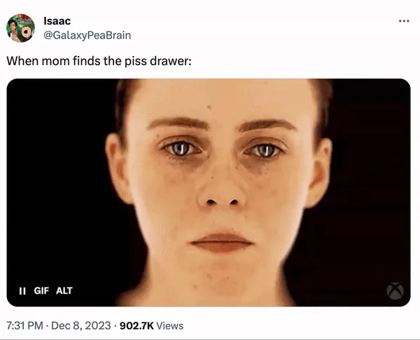 White Woman Scream GIF — Tweet by Isaac using the OD white woman GIF with a 'piss drawer' punchline.
