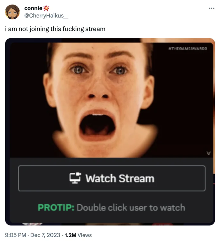 White Woman Scream GIF — Tweet by @CherryHaikus_ reading 'i am not joining this fucking stream' over the OD scream still inside a Watch Stream prompt.