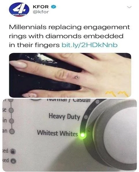 KFOR tweet on finger-embedded diamond rings paired with 'Whitest Whites' washing machine photo.