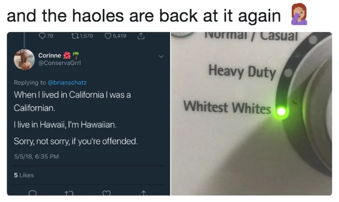 Tweet about identifying as Hawaiian paired with 'Whitest Whites' washing machine photo.