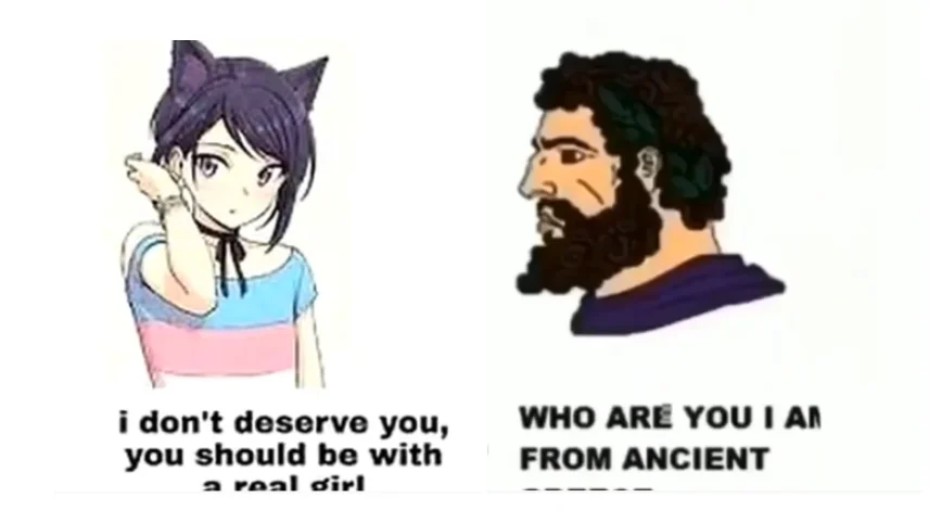 Who Are You I Am From Ancient Greece — Anime catgirl saying she doesn't deserve her partner next to a bearded Greek man with laurel wreath responding that he