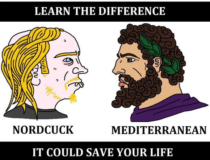 Nordic — Learn the Difference meme showing Nordcuck soyjak versus Mediterranean chad