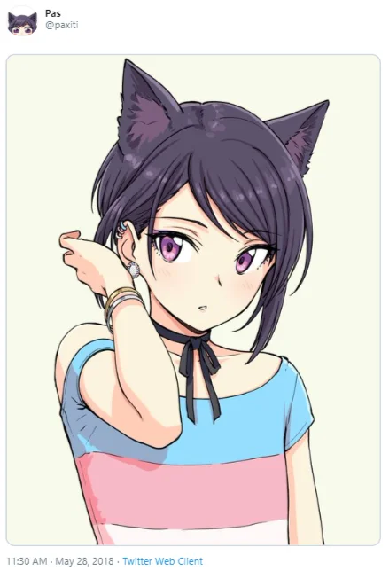 Who Are You I Am From Ancient Greece — Twitter post by Pas @paxiti showing an anime catgirl with purple hair wearing a trans flag colored top