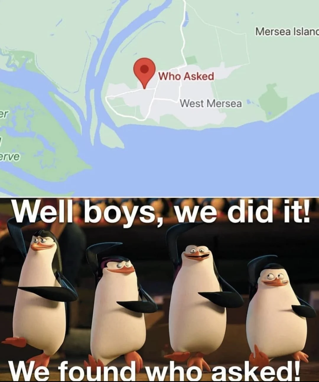 Madagascar penguins celebrating while pointing to a map pin marker labeled 'Who Asked.'