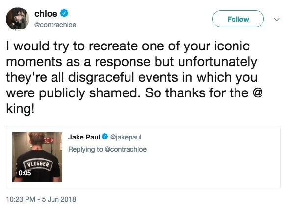 Who Is She? (Vine) — Tweet from @contrachloe mocking Jake Paul's iconic moments