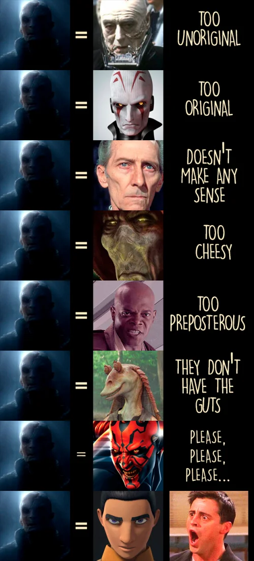 Who is Snoke? — Grid comparing Snoke to various Star Wars characters with dismissive captions.
