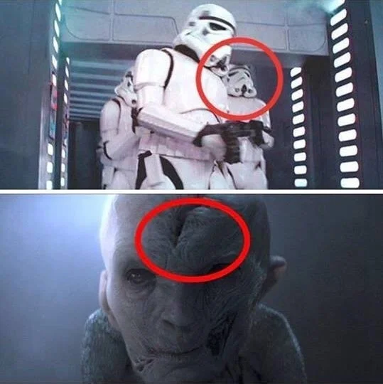 Who is Snoke? — Side-by-side circled comparison of head-bumping Stormtrooper and Snoke's head scar.
