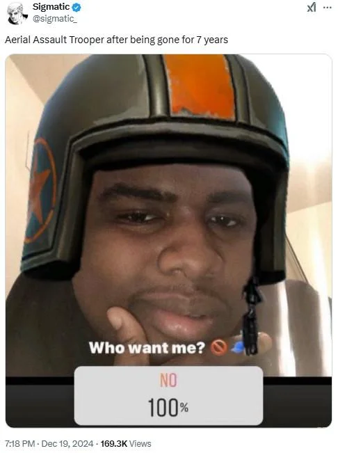 Twitter post joking Aerial Assault Trooper is back with Who want me NO 100 poll