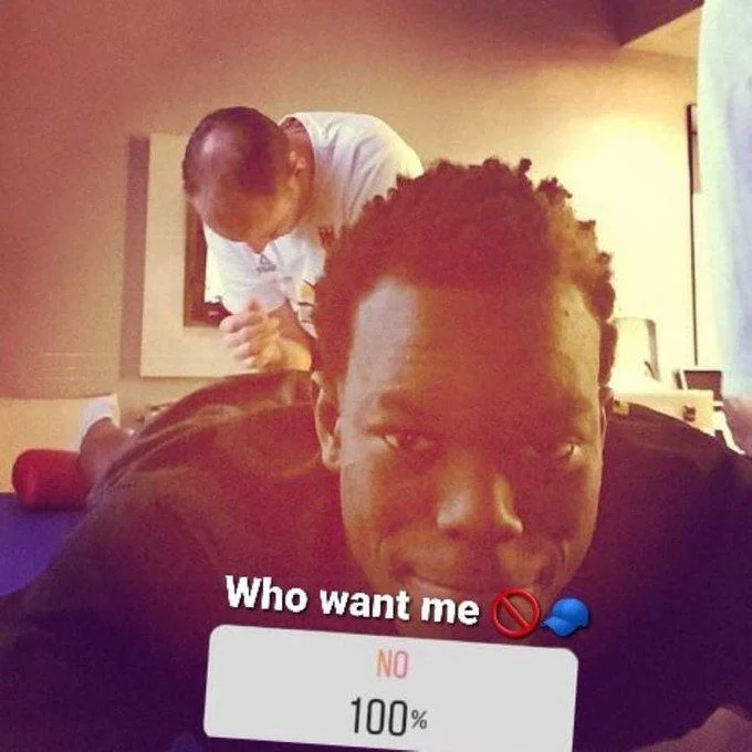 Young man selfie during massage with Who want me NO 100 poll sticker