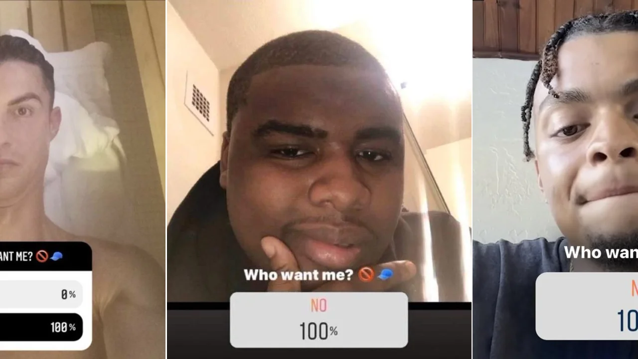 Cover collage of three selfies with Who want me NO 100% poll stickers