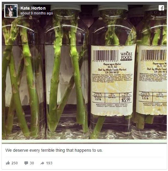 Facebook post showing Whole Foods asparagus water bottles priced at $5.99