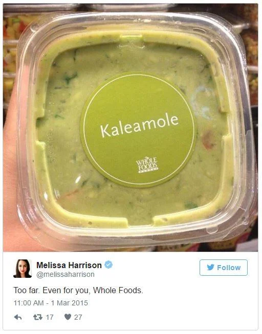 Tweet showing a container of Whole Foods Kaleamole, a kale-guacamole hybrid product
