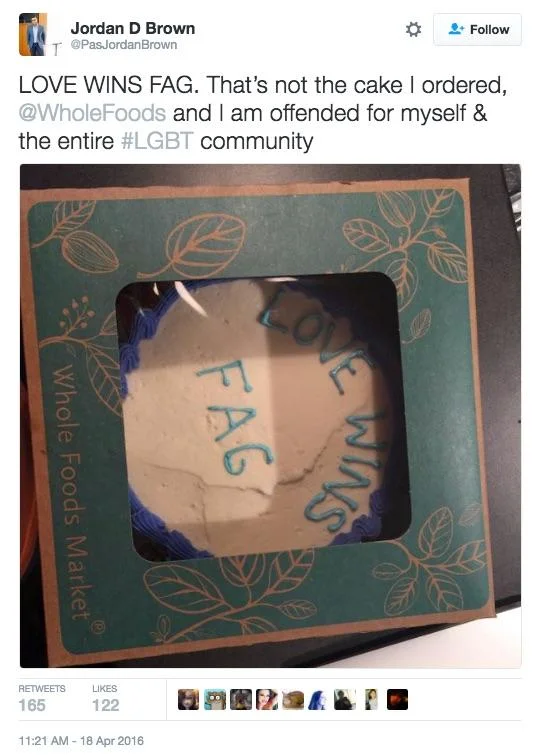Tweet showing a Whole Foods cake allegedly inscribed with a homophobic slur in a hoax controversy