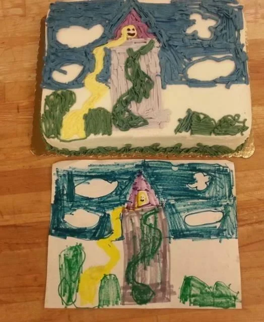 Whole Foods cake decorated to mimic a child's crude crayon drawing of Rapunzel next to the original artwork