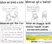 Wholesome Memes — 2x2 grid meme showing cartoon figures in various struggles with supportive and encouraging text captions.