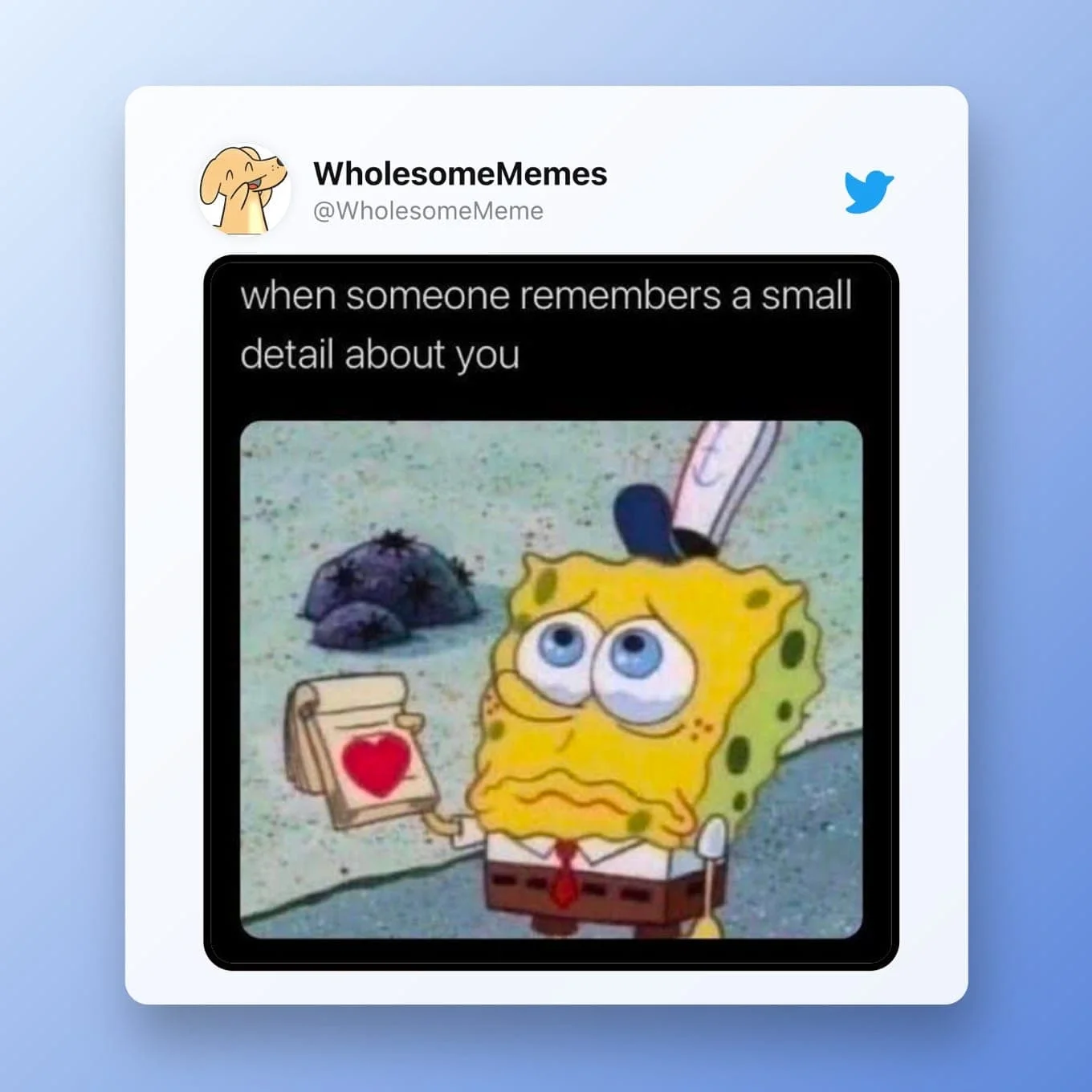 Wholesome Memes — Twitter post showing SpongeBob holding gift with text about someone remembering details.