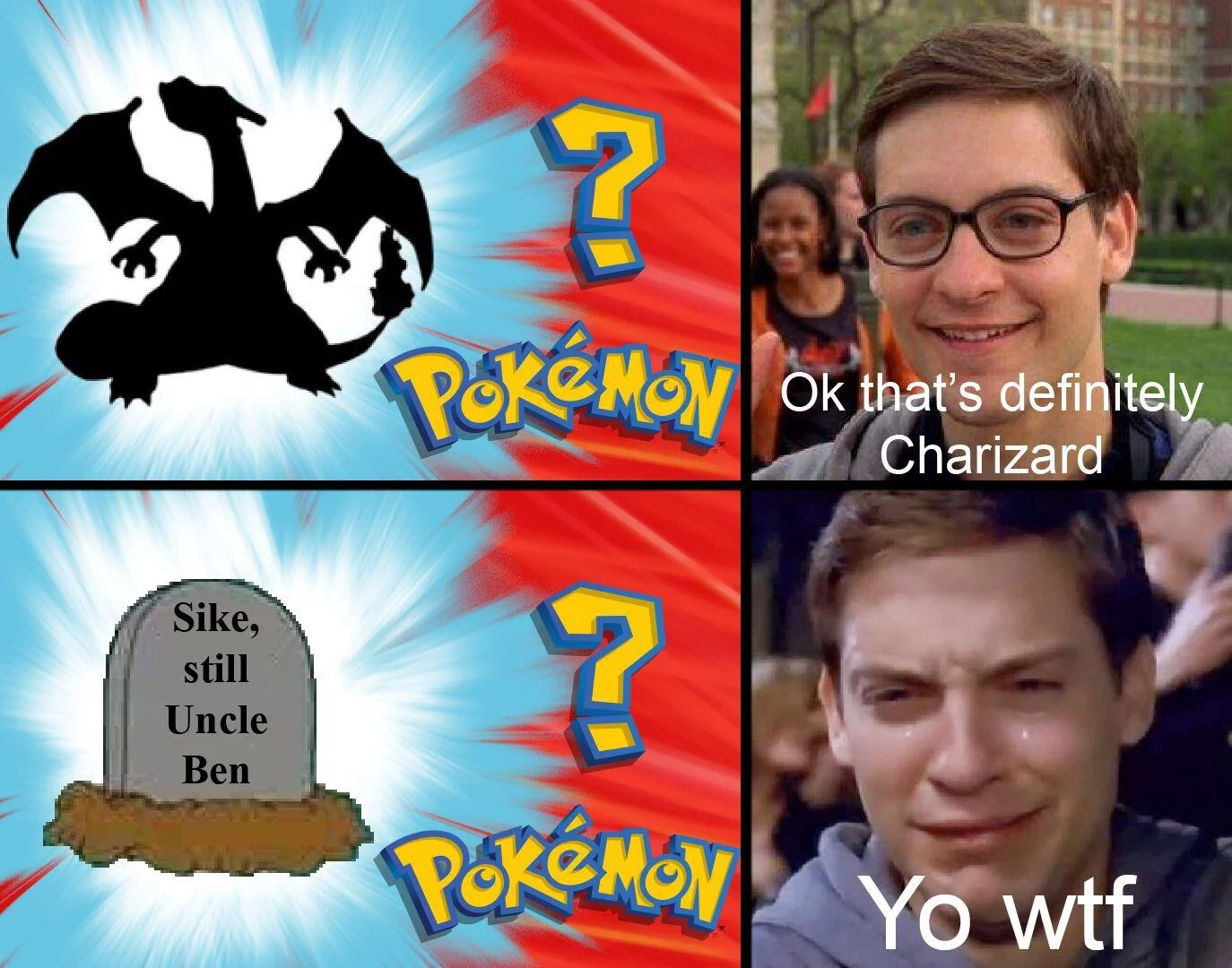 Who's That Pokémon? — Charizard silhouette revealed as Uncle Ben gravestone with Tobey Maguire reaction panels
