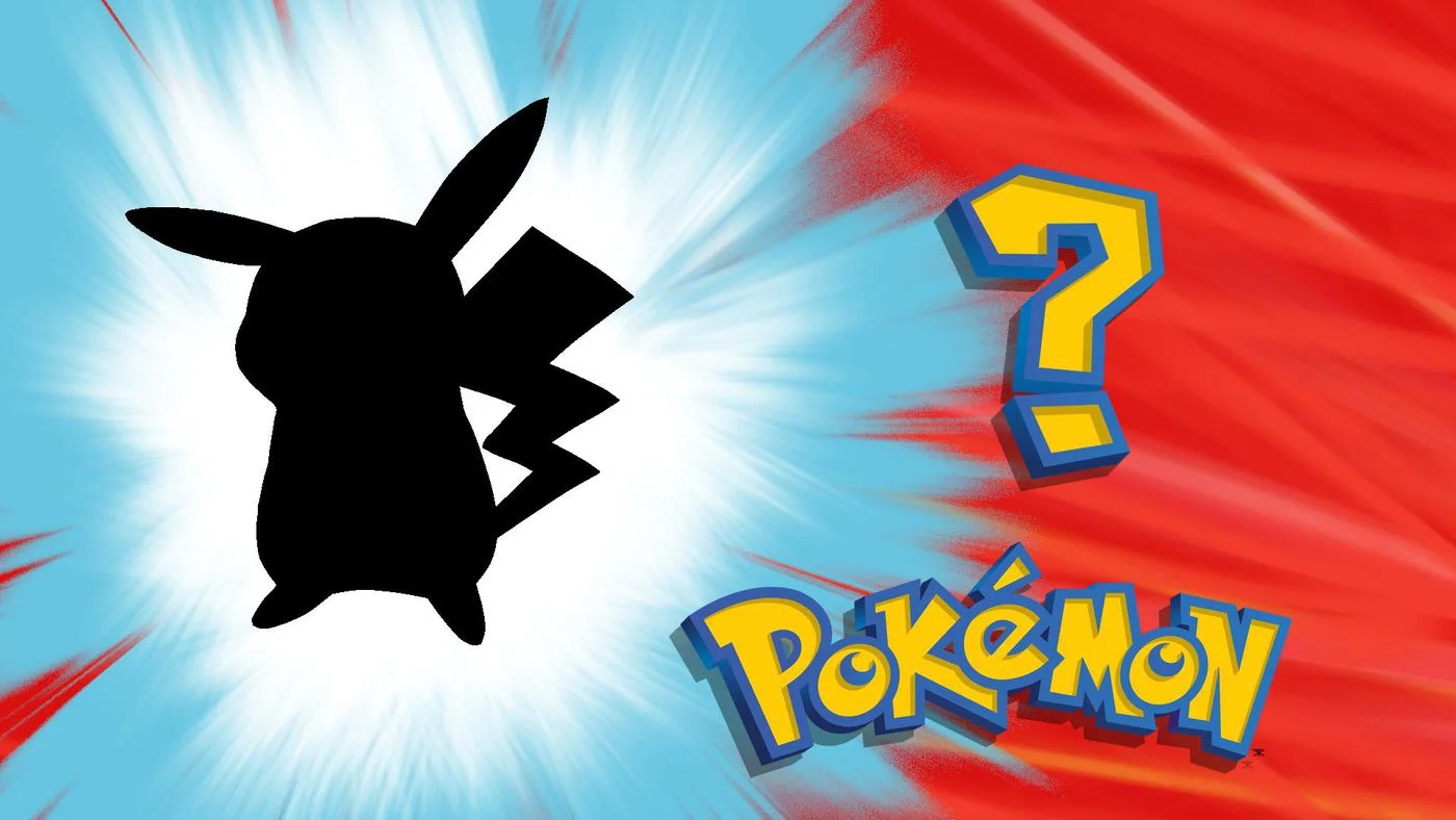 Who's That Pokémon? — Black silhouette of Pikachu beside a yellow question mark and Pokémon logo on blue and red burst background