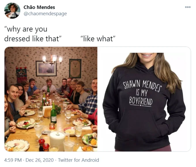 Why Are You Dressed Like That Family Dinner — Twitter screenshot with the family dinner photo and a woman in a 'Shawn Mendes is my boyfriend' hoodie.