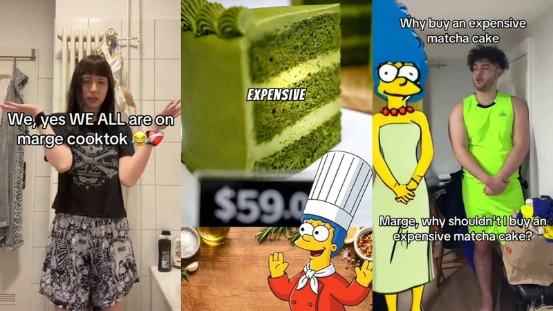 Why Buy An Expensive Matcha Cake — Collage compilation showcasing the viral matcha cake meme trend featuring @MargeCooks clips, matcha cake images, and