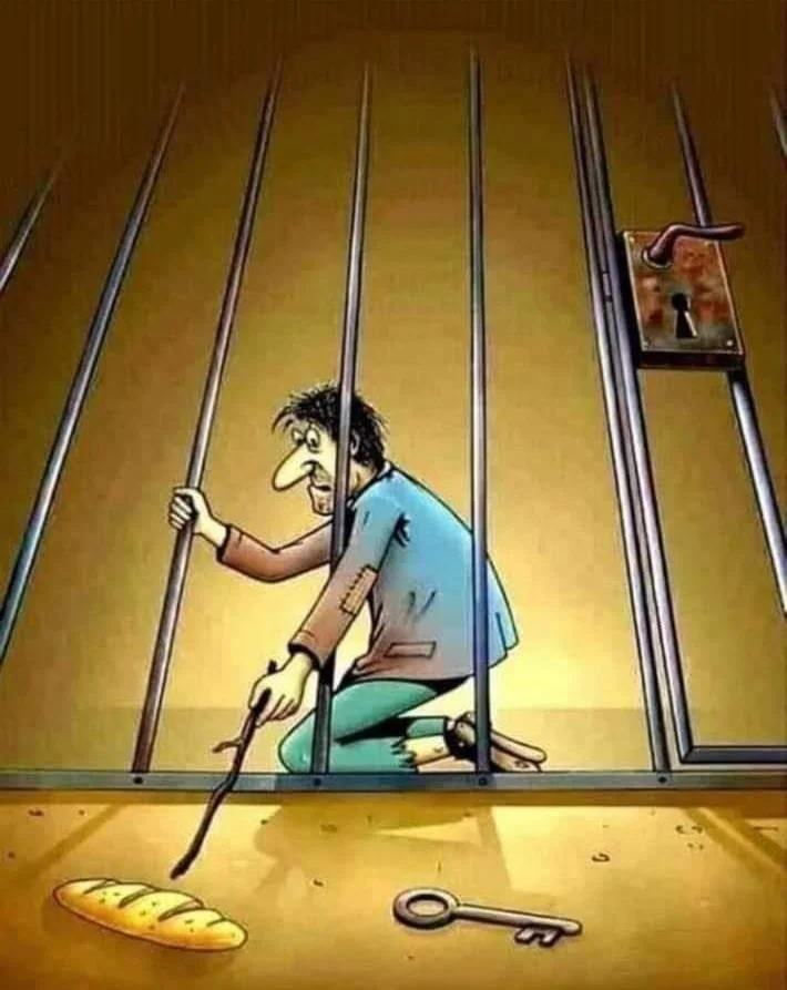 Why Did The Prisoner Choose The Bread Instead Of The Key — Clean unattributed version of the prisoner cartoon showing prisoner using stick to pull bread with