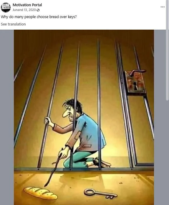 Why Did The Prisoner Choose The Bread Instead Of The Key — Facebook post screenshot from 'Motivation Portal' featuring the prisoner comic with caption about