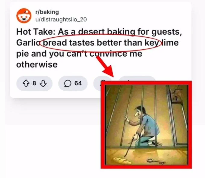 Why Did The Prisoner Choose The Bread Instead Of The Key — Reddit screenshot from r/baking with red arrow pointing to prisoner comic thumbnail used as reaction