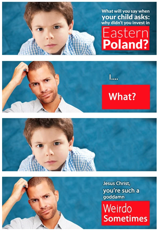Why Didnt You Invest In Eastern Poland — Comic strip layout with four panels showing original stern child and alternative meme text variations.