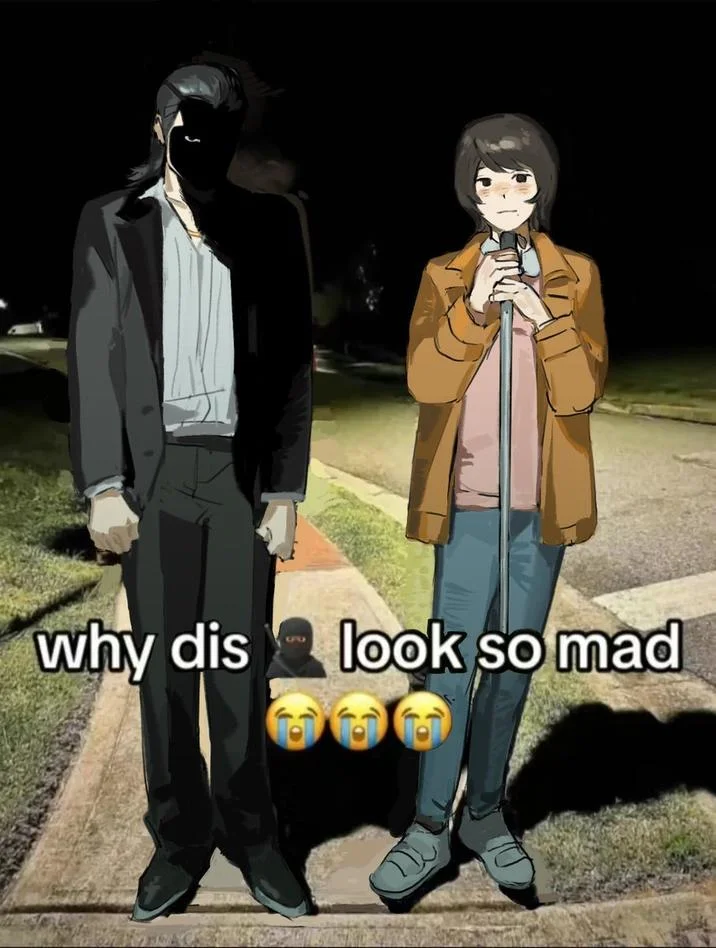 Why Dis Nigga Look So Mad — Anime redraw of the 'why dis look so mad' meme with characters in formal wear.