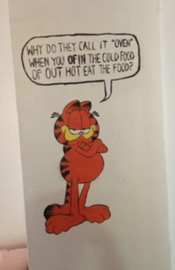 Why Do They Call It Oven — Fan-drawn sketch-style version of Garfield reciting the copypasta text.