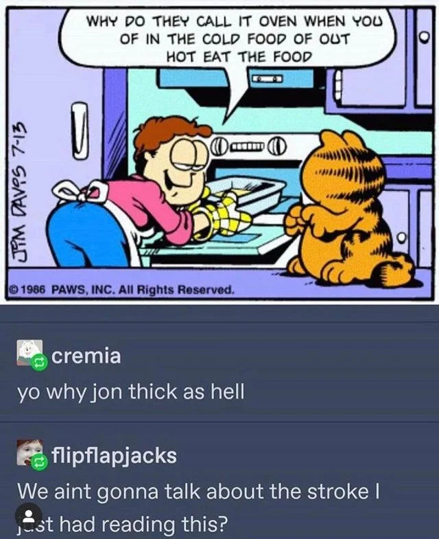 Why Do They Call It Oven — Garfield comic version with Reddit comments below discussing the meme's impact.