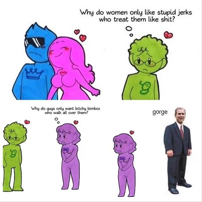 Why Do Women Only Like Stupid Jerks Who Treat Them Like Shit? — Edit of the Humon comic ending with a photo of George W. Bush labeled 'gorge'.