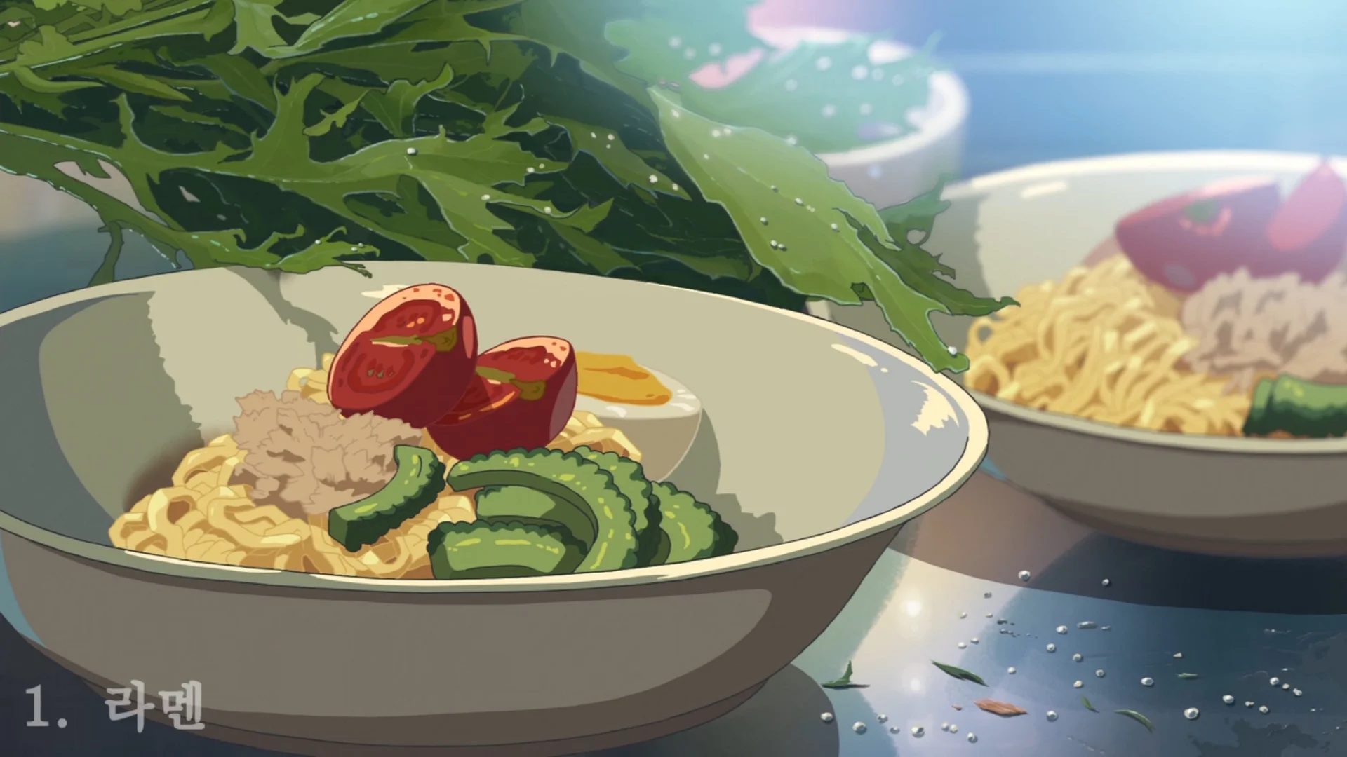 Why Does Anime Food Look So Good? — Illustrated anime-style bowl of ramen with tomato, egg, tuna, and vegetables